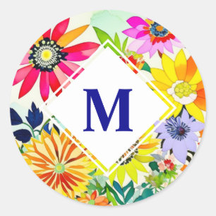 Watercolor Flowers Monogrammed Classic Round Sticker