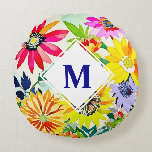 Watercolor Flowers Monogrammed  Round Pillow (Front)