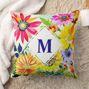 Watercolor Flowers Monogrammed Throw Pillow