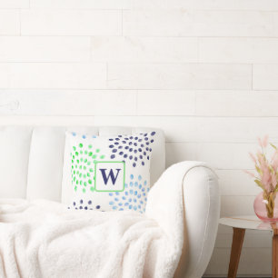 Watercolor Flowers Mums Navy Green Blue Monogram Throw Pillow
