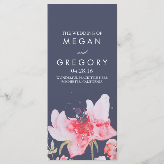 Watercolor Flowers Navy and Pink Wedding Programs (Front)