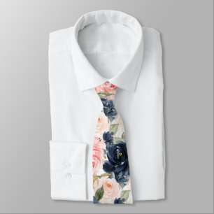 Watercolor Flowers Navy Blue Blush Pink Roses   Tie