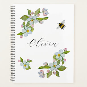 Watercolor flowers of garden trees and bumblebee planner
