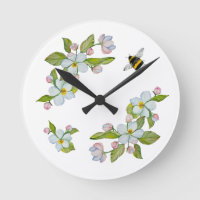 Watercolor flowers of garden trees and bumblebee