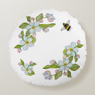 Watercolor flowers of garden trees and bumblebee round pillow