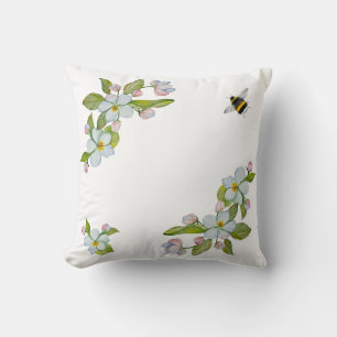 Watercolor flowers of garden trees and bumblebee throw pillow
