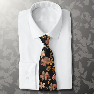 Watercolor flowers on black floral tie