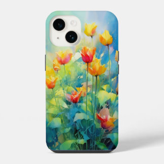 Watercolor Flowers on blue and teal background. iPhone 14 Case