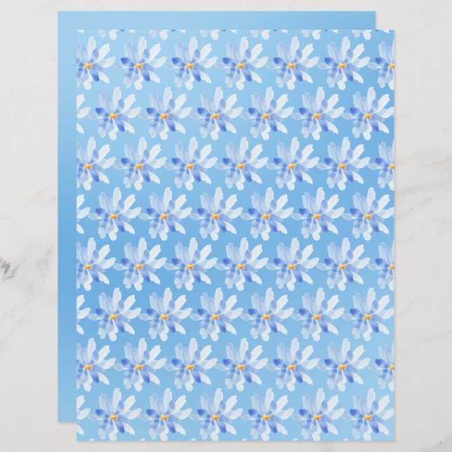 Watercolor Flowers on Blue Scrapbook Paper Sheet (Front/Back)