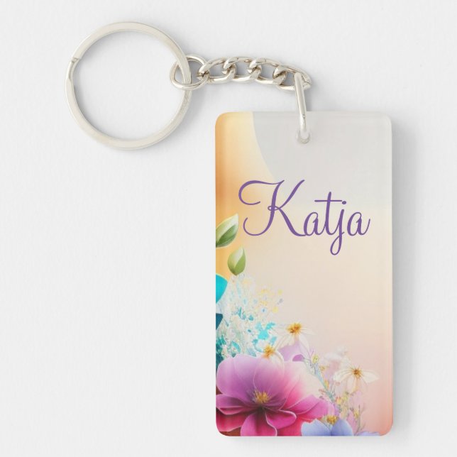 Watercolor flowers on crescent moon keychain (Front)