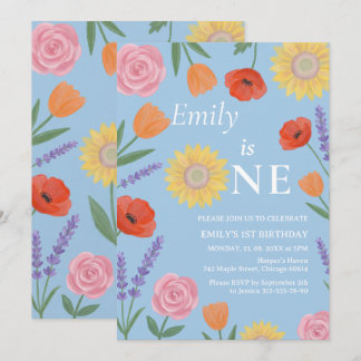 Watercolor Flowers One First Year Birthday Invite