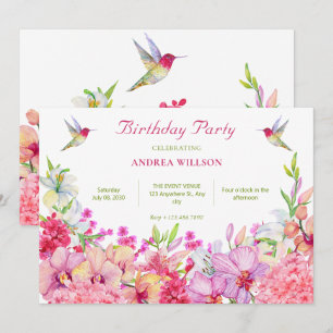 Watercolor Flowers Orchids Bird garden birthday Invitation