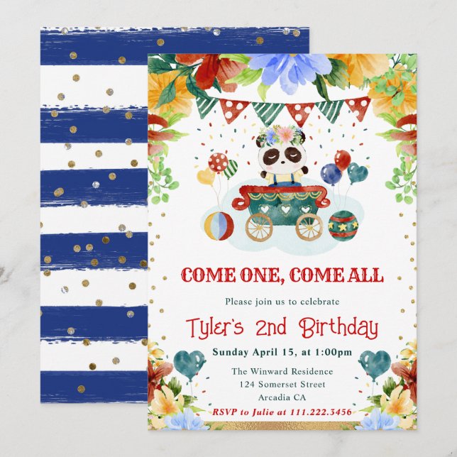 Watercolor Flowers Panda Kids Birthday Invitation (Front/Back)