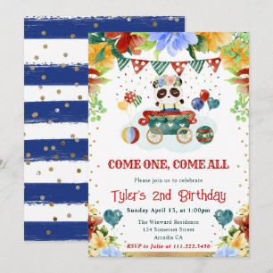 Watercolor Flowers Panda Kids Birthday Invitation