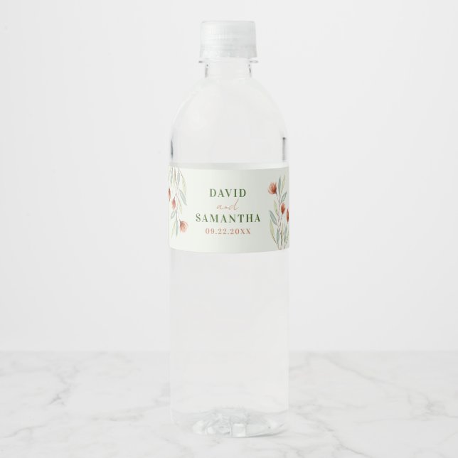 Watercolor Flowers Pastel Green Water Bottle Label (Front)