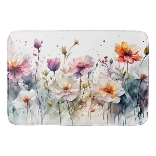 Watercolor Flowers Pastel Minimal Botanical Bath Mat (Front)