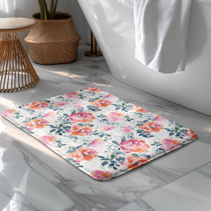 Watercolor Flowers Pattern Elegant Floral Bath Mat