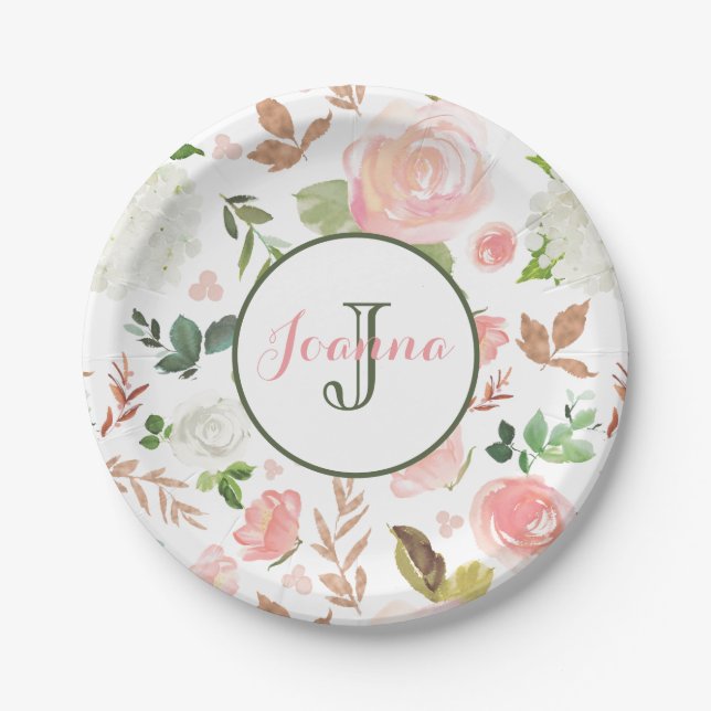 Watercolor Flowers Pattern Paper Plate (Front)