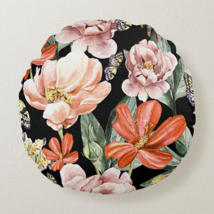 Watercolor Flowers: Peony Rose Lily Round Pillow