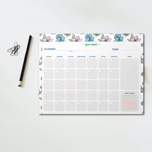 Watercolor Flowers Personalize Monthly Planner Notepad (Creator Uploaded)