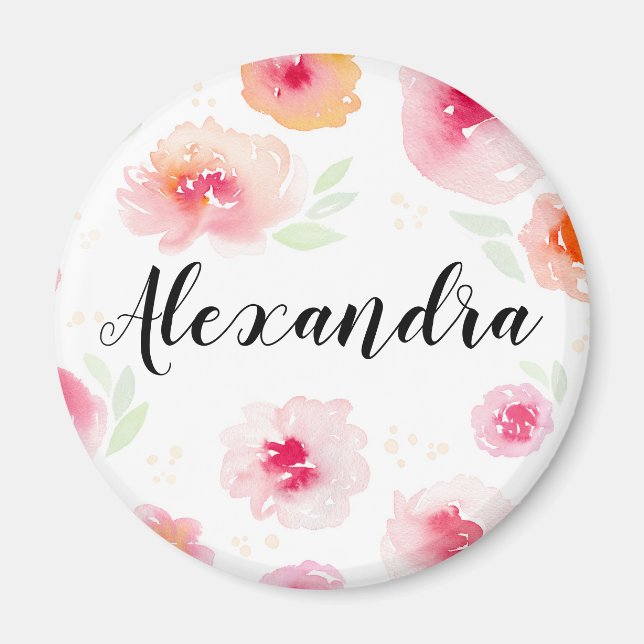 Watercolor Flowers Personalized Girls Name Magnet (Front)