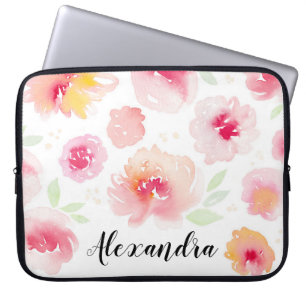 Watercolor Flowers Personalized Name Laptop Sleeve