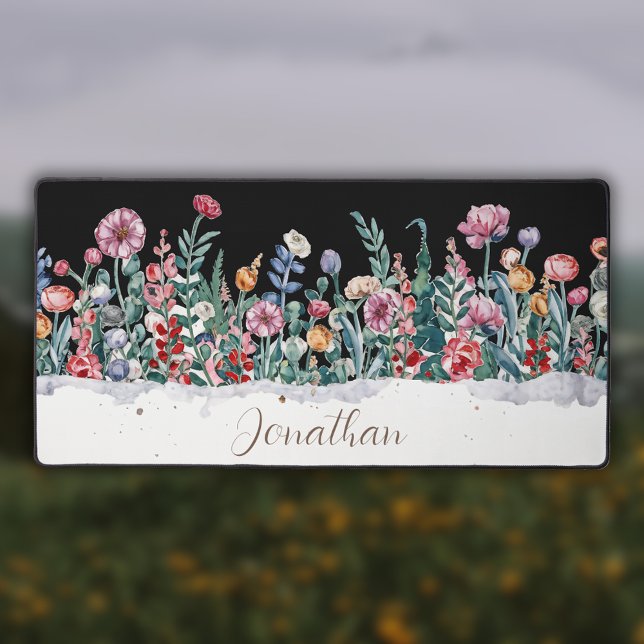 Watercolor Flowers Personalized Script Name Desk Mat (Creator Uploaded)