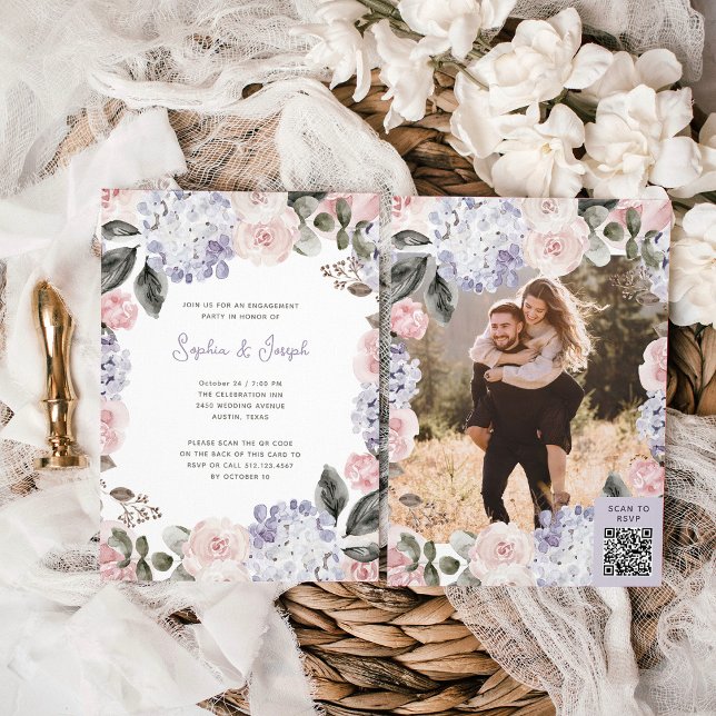 Watercolor Flowers Photo QR Code Engagement Party Invitation (Creator Uploaded)