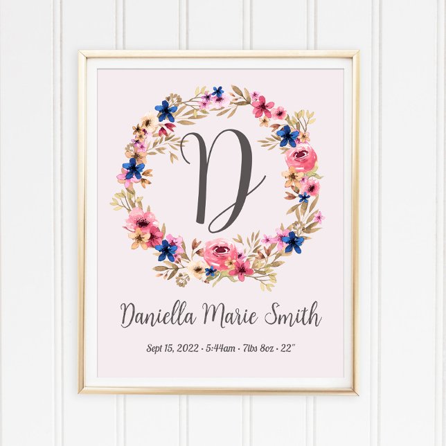 Watercolor Flowers Pink Baby Girl Name Birth Stats Poster (Creator Uploaded)