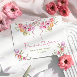 Watercolor Flowers Pink Baby Shower Thank You Card