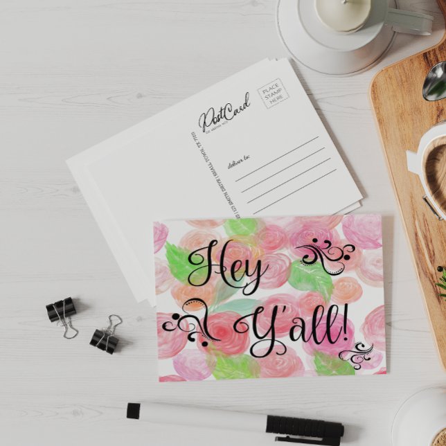 Watercolor Flowers Pink Hey Y'all Pretty Fun Postcard (Creator Uploaded)