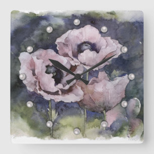 Watercolor flowers pink poppy illustration flowers square wall clock