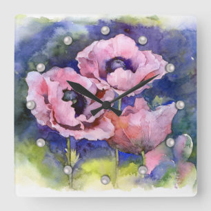 Watercolor flowers pink poppy illustration flowers square wall clock