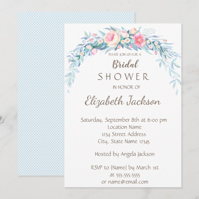 Watercolor Flowers Polka Dots   Bridal Shower Invitation (Front/Back)