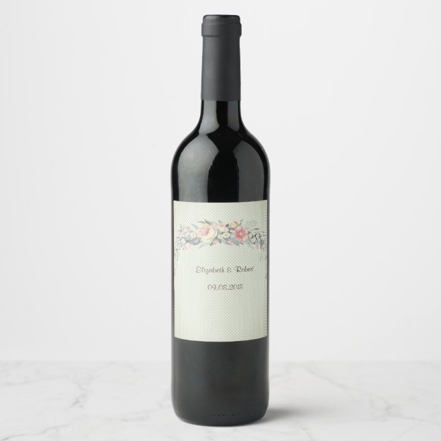 Watercolor Flowers, Polka Dots Wine Label (Front)