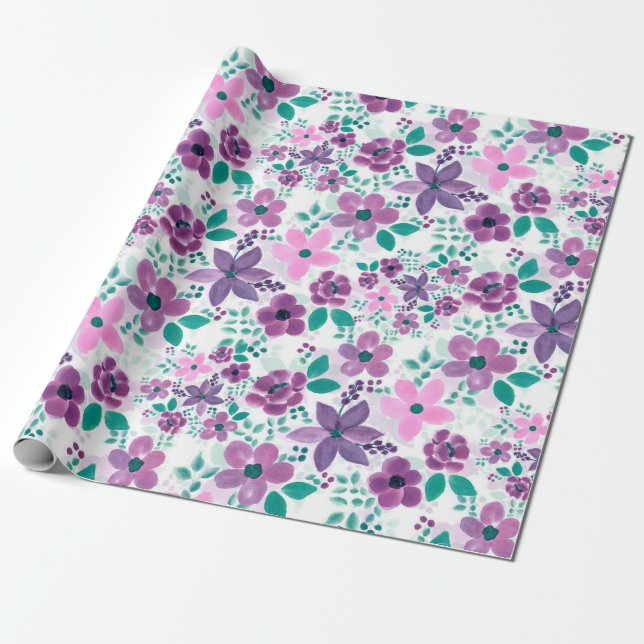  Watercolor Flowers Purple Pink Botanical Wrapping Paper (Unrolled)