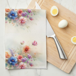 Watercolor Flowers Purple Yellow Red Blue Green Kitchen Towel