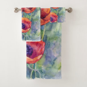 Watercolor flowers red poppy illustration flowers bath towel set