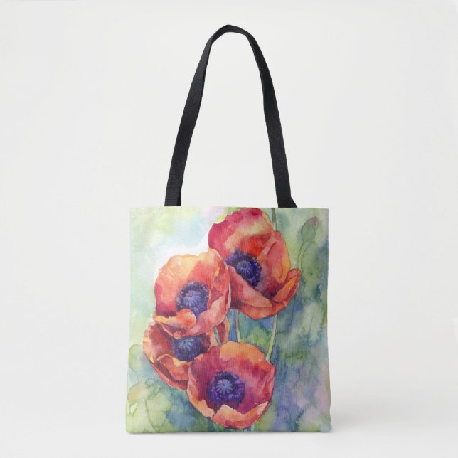 Watercolor flowers red poppy illustration flowers tote bag (Front)
