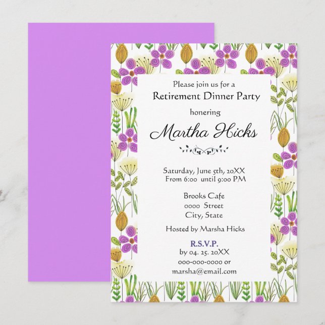 Watercolor Flowers Retirement Dinner Party  Invitation (Front/Back)