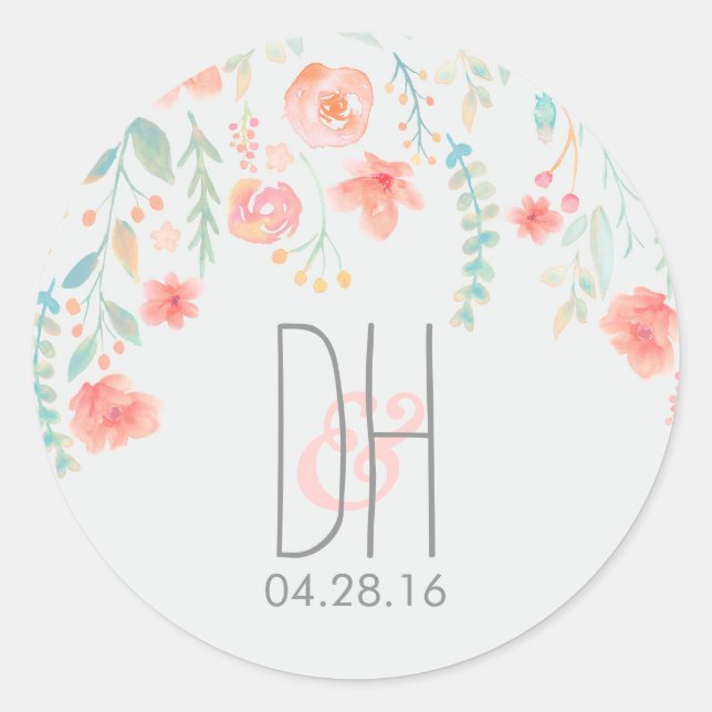 Watercolor Flowers Romantic Wedding Classic Round Sticker (Front)
