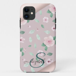Watercolor Flowers Rose Gold Monogram iPhone 11 Case