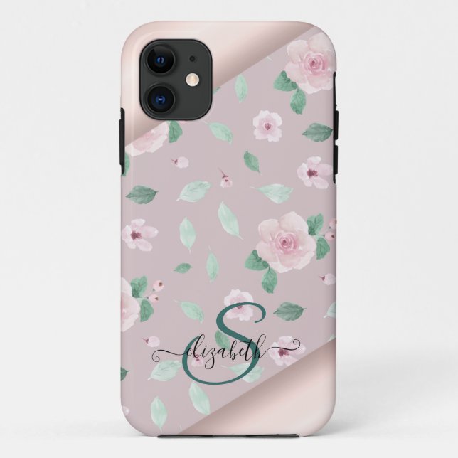 Watercolor Flowers Rose Gold Monogram Case-Mate iPhone Case (Back)