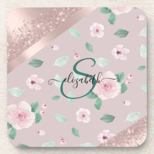 Watercolor Flowers Rose Gold Monogram Coaster