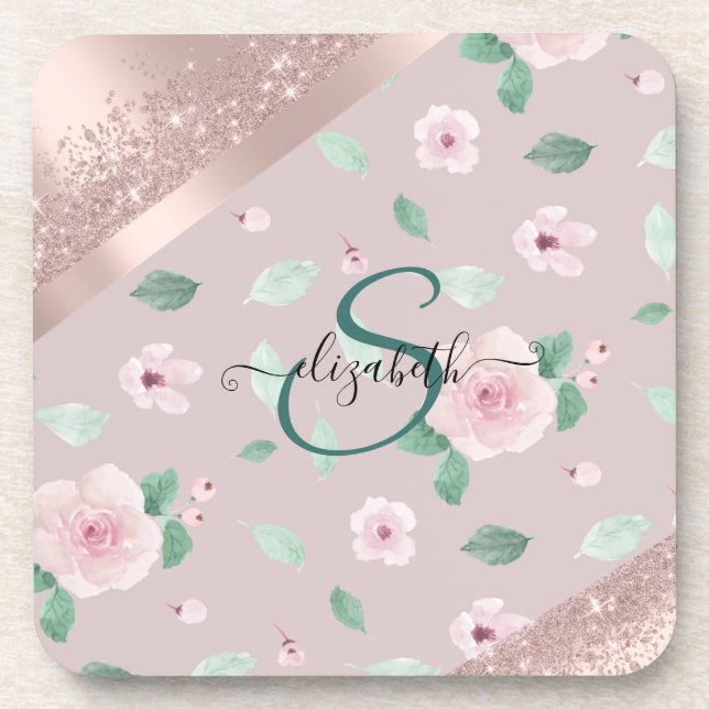 Watercolor Flowers Rose Gold Monogram Coaster (Front)