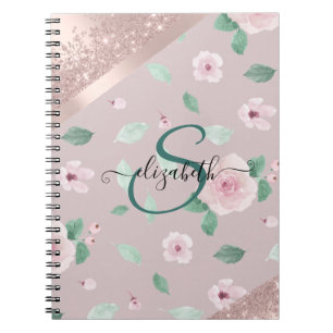 Watercolor Flowers Rose Gold Monogram Notebook