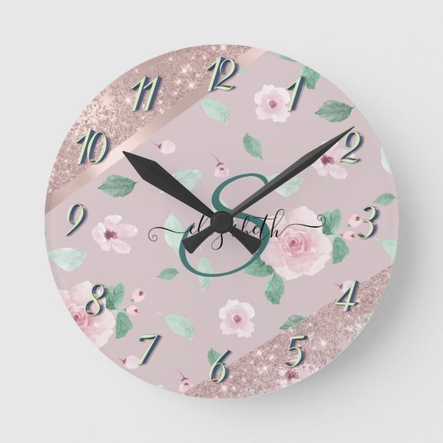 Watercolor Flowers Rose Gold Monogram Round Clock (Front)