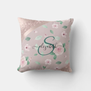 Watercolor Flowers Rose Gold Monogram Throw Pillow