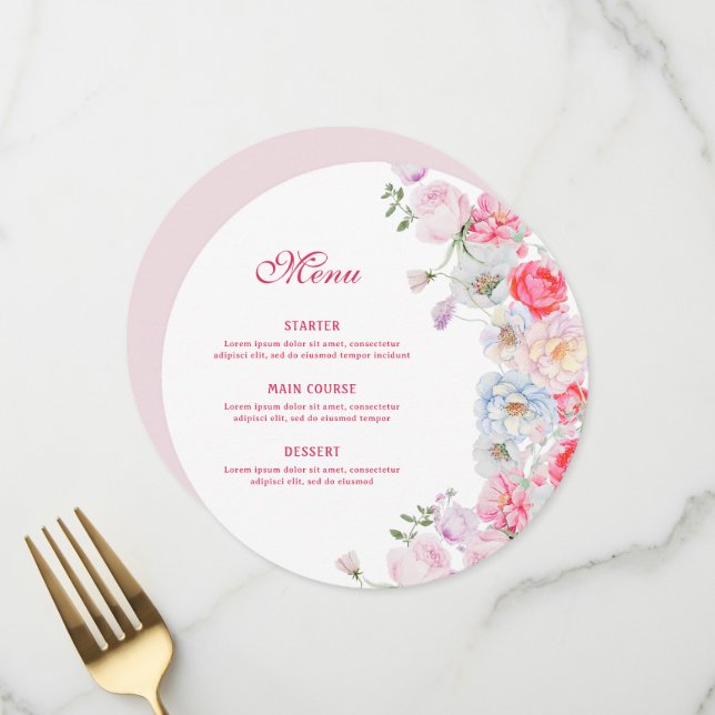 Watercolor Flowers Round Menu (Front/Back In Situ)