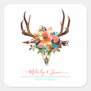 WATERCOLOR FLOWERS, RUSTIC BOHO SKULL+ARROW SQUARE STICKER